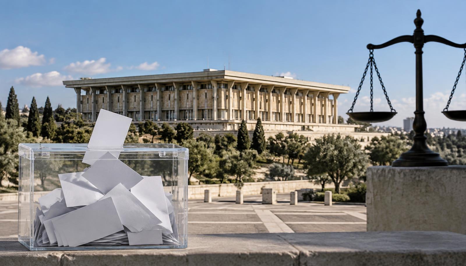 Editorial illustration of the Knesset with a transparent ballot box and scales symbolising judicial review.