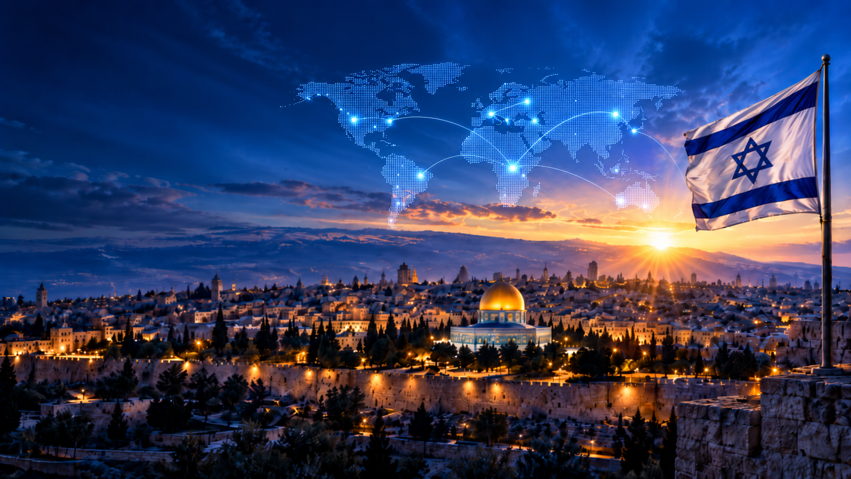 Jerusalem at blue hour beneath the curve of Earth with an Israeli flag