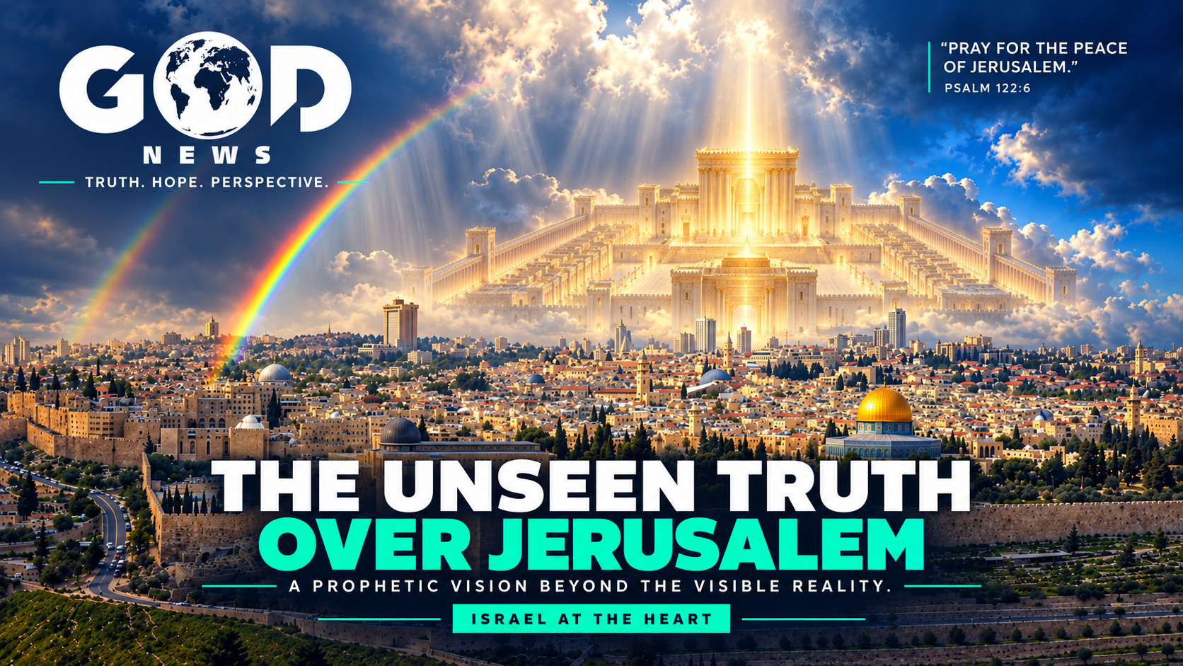 KI-generierte Illustration einer prophetischen Vision über Jerusalem: die himmlische Stadt im Licht über der Altstadt, mit einem Regenbogen und dem Text „Betet für den Frieden Jerusalems — Psalm 122:6"