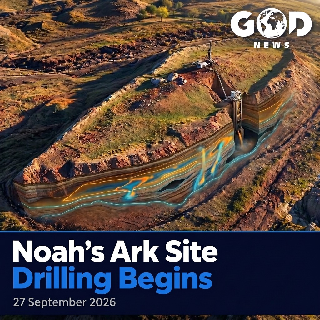 Artistieke impressie van de bootvormige Durupınar-formatie in Oost-Turkije met boortoren en doorsnede van de ondergrondse lagen, met de kop “Noah's Ark Site — Drilling Begins” in de GOD News-huisstijl.