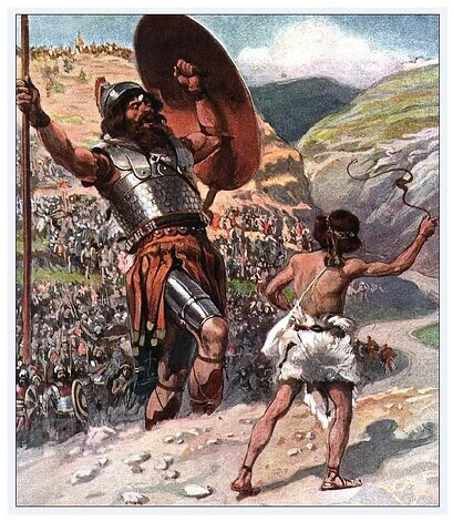 David stands with a sling facing the giant Goliath, illustration by Harold Copping from 1910.