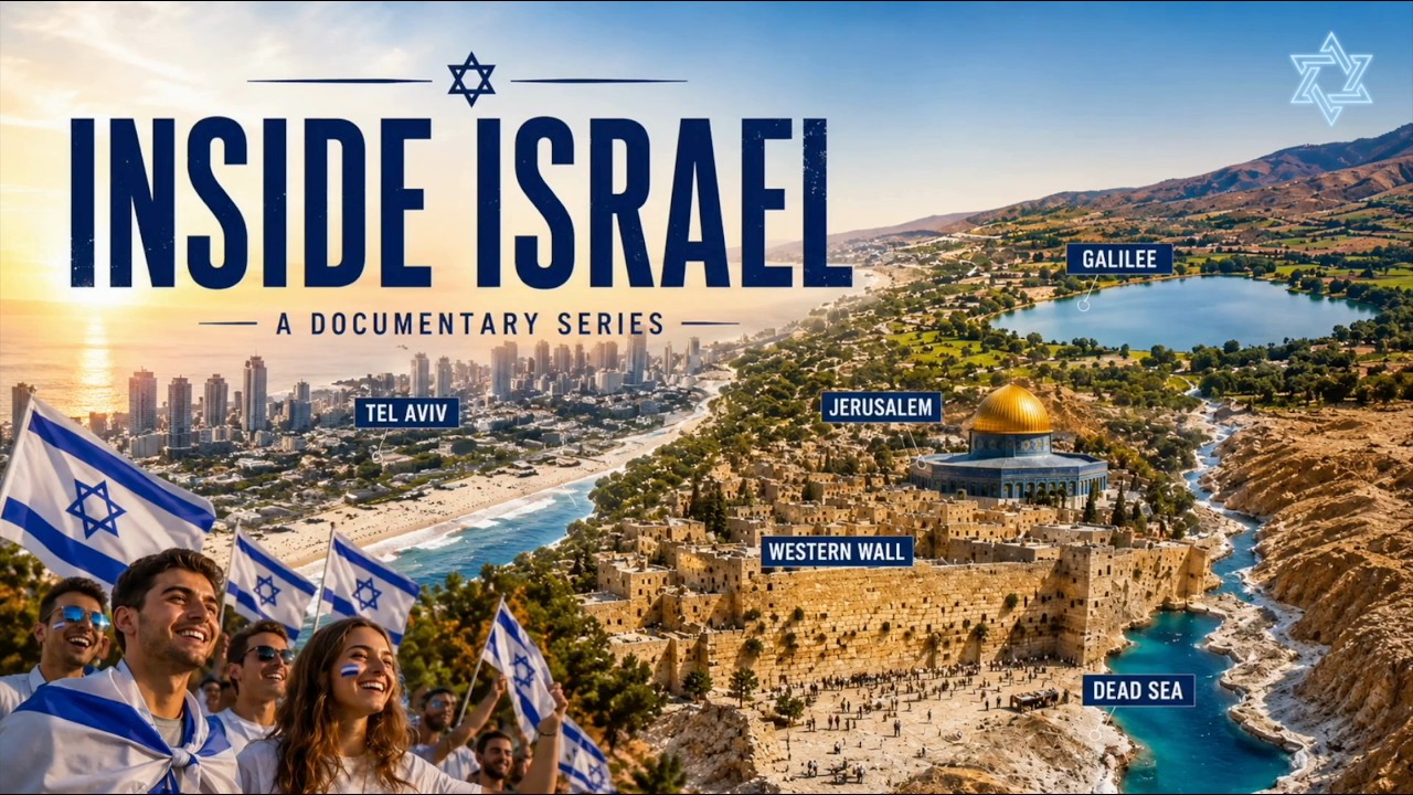 Cover of the INSIDE ISRAEL documentary series: a collage of Tel Aviv, Jerusalem, the Galilee, the Western Wall and the Dead Sea, with young people holding Israeli flags in the foreground