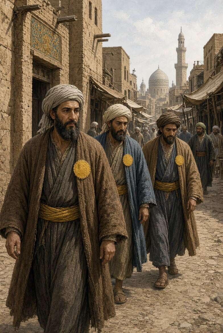Artistieke impressie: Joodse mannen met gele badges in een middeleeuwse islamitische stad, zoals voorgeschreven onder kalief al-Mutawakkil in de negende eeuw. Geen historische foto of exacte reconstructie.