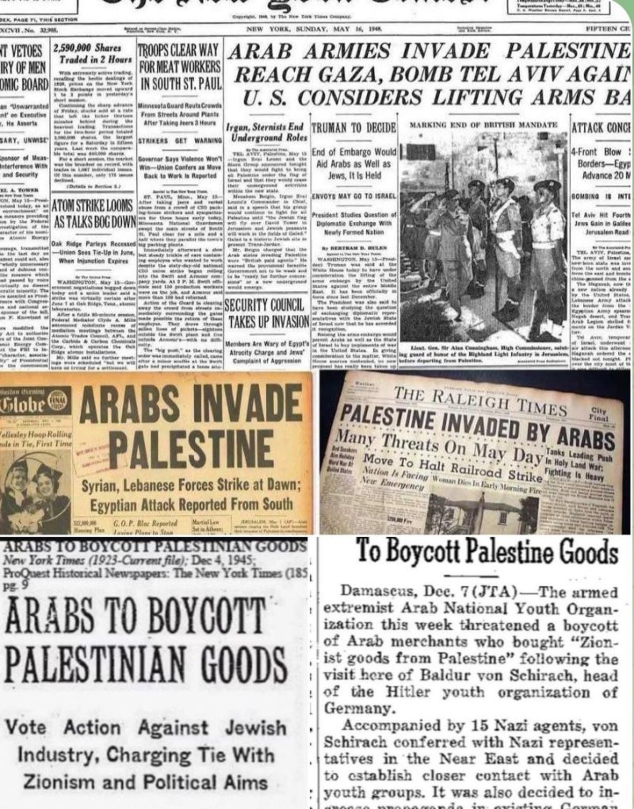 Collage van historische krantenkoppen over Arabische invasie en boycot van Palestina.