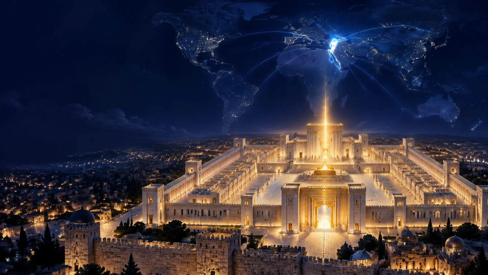 Artistic interpretation inspired by Ezekiel 40–48, showing the Temple's eastern gate, outer and inner courts, side chambers, altar and sanctuary beneath a world map with Israel as the source of rays of light