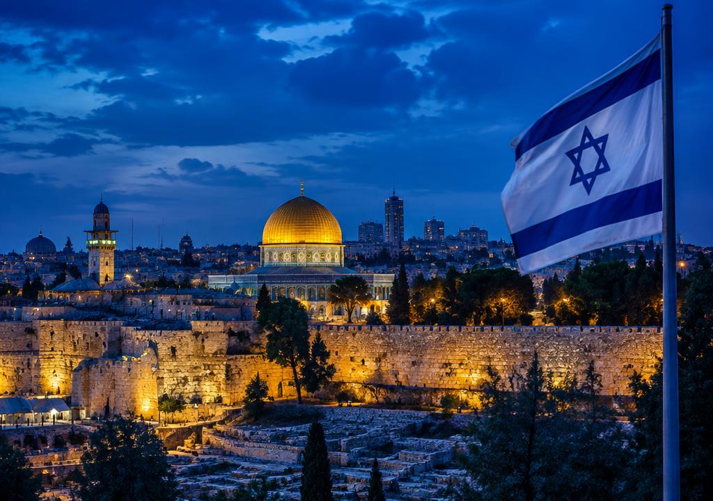 Jerusalem at dusk with an Israeli flag