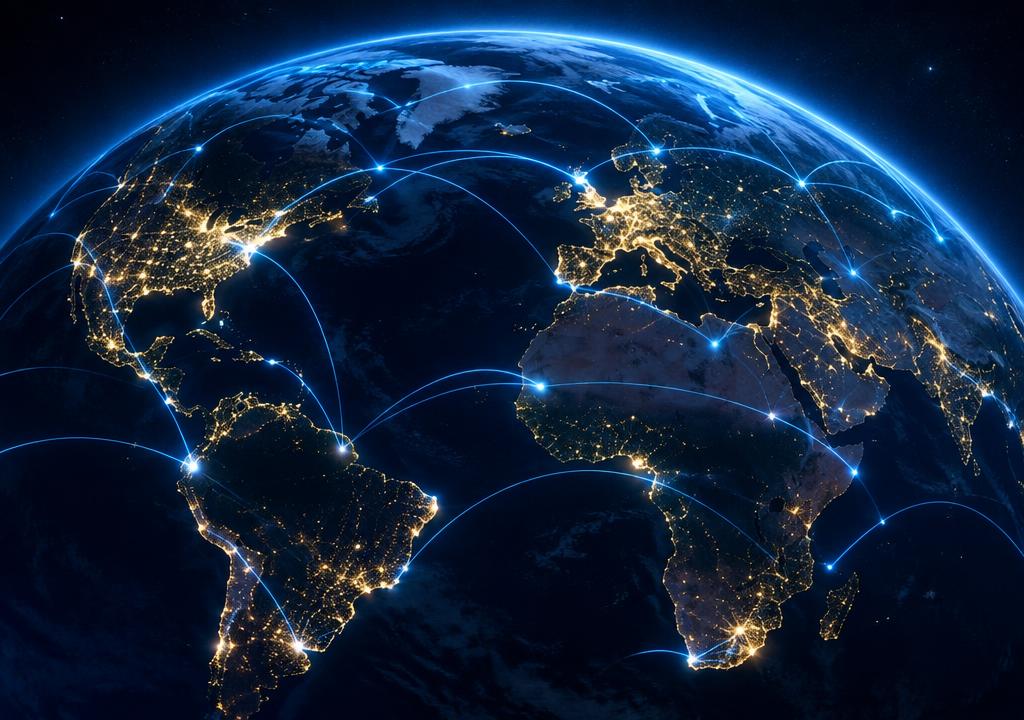 Earth at night connected by blue light paths