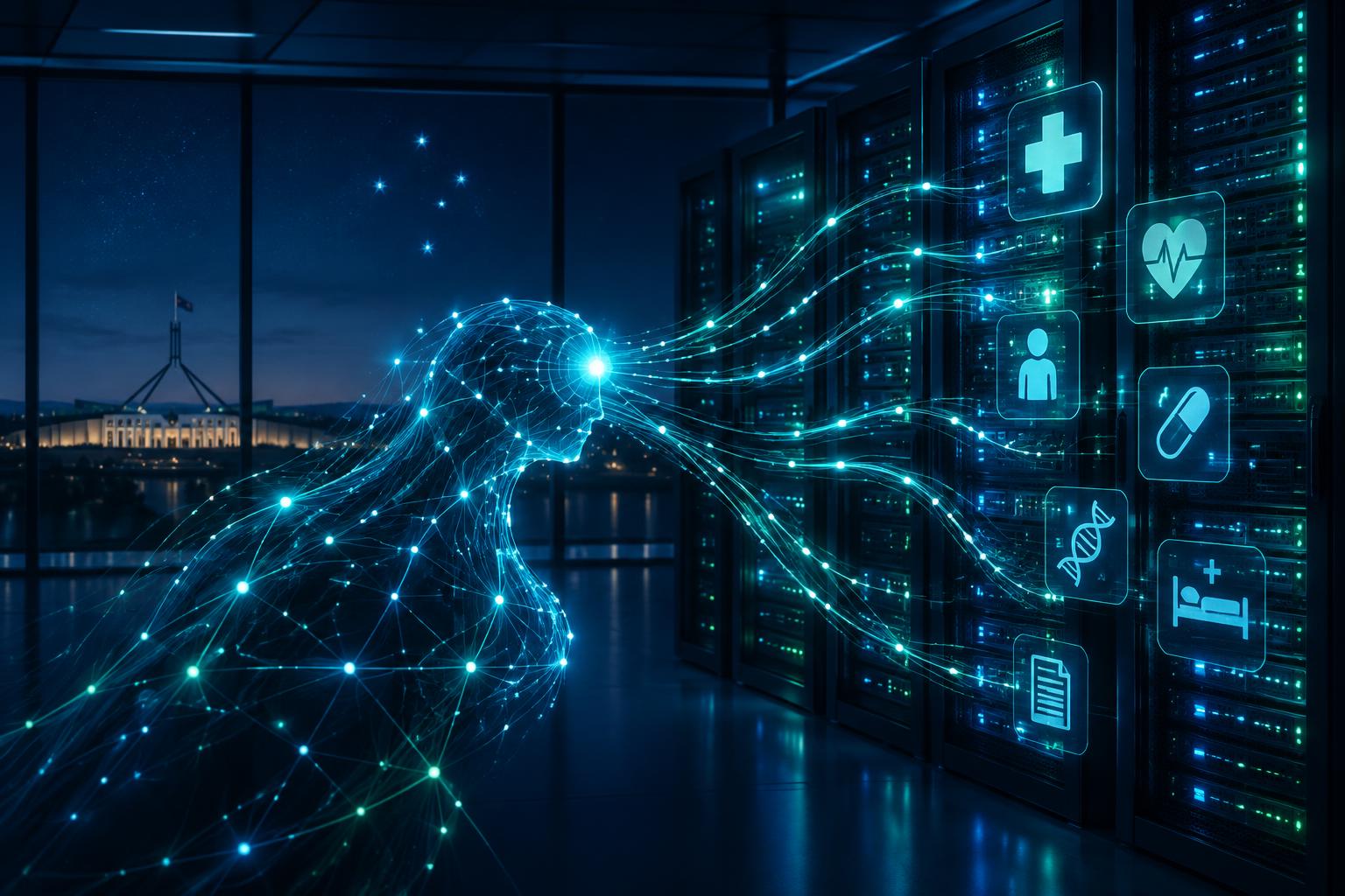 Illustration of an AI figure made of network lines reaching into a government data centre at night