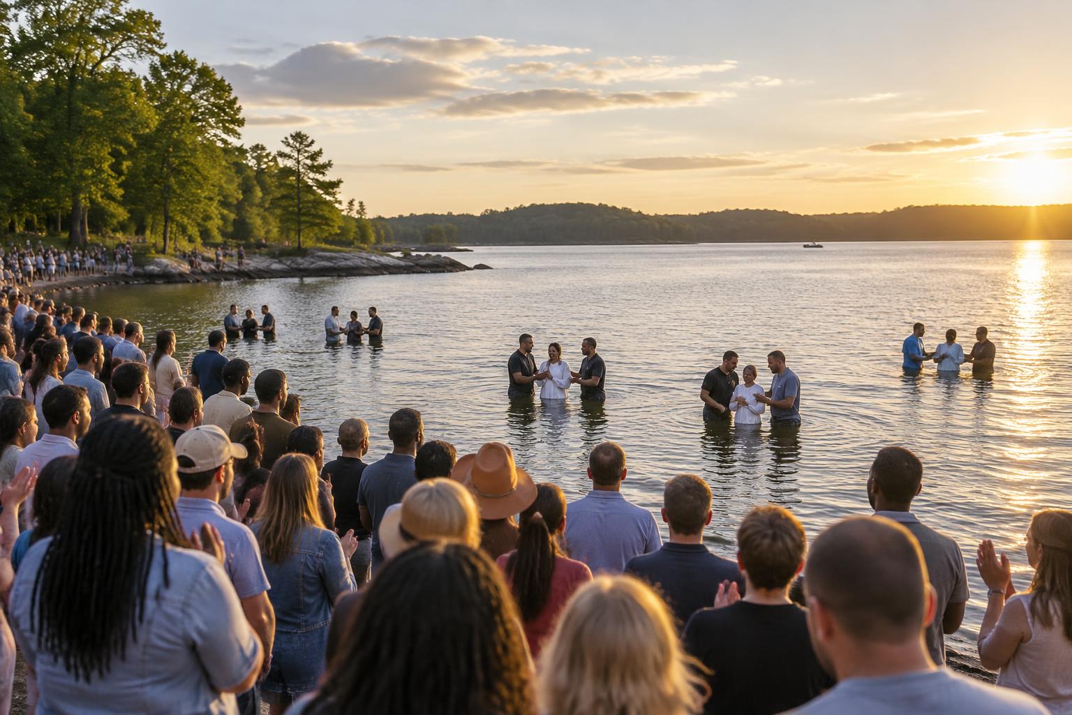 AI-generated editorial illustration of a large outdoor Christian baptism gathering at a lake in North Carolina.