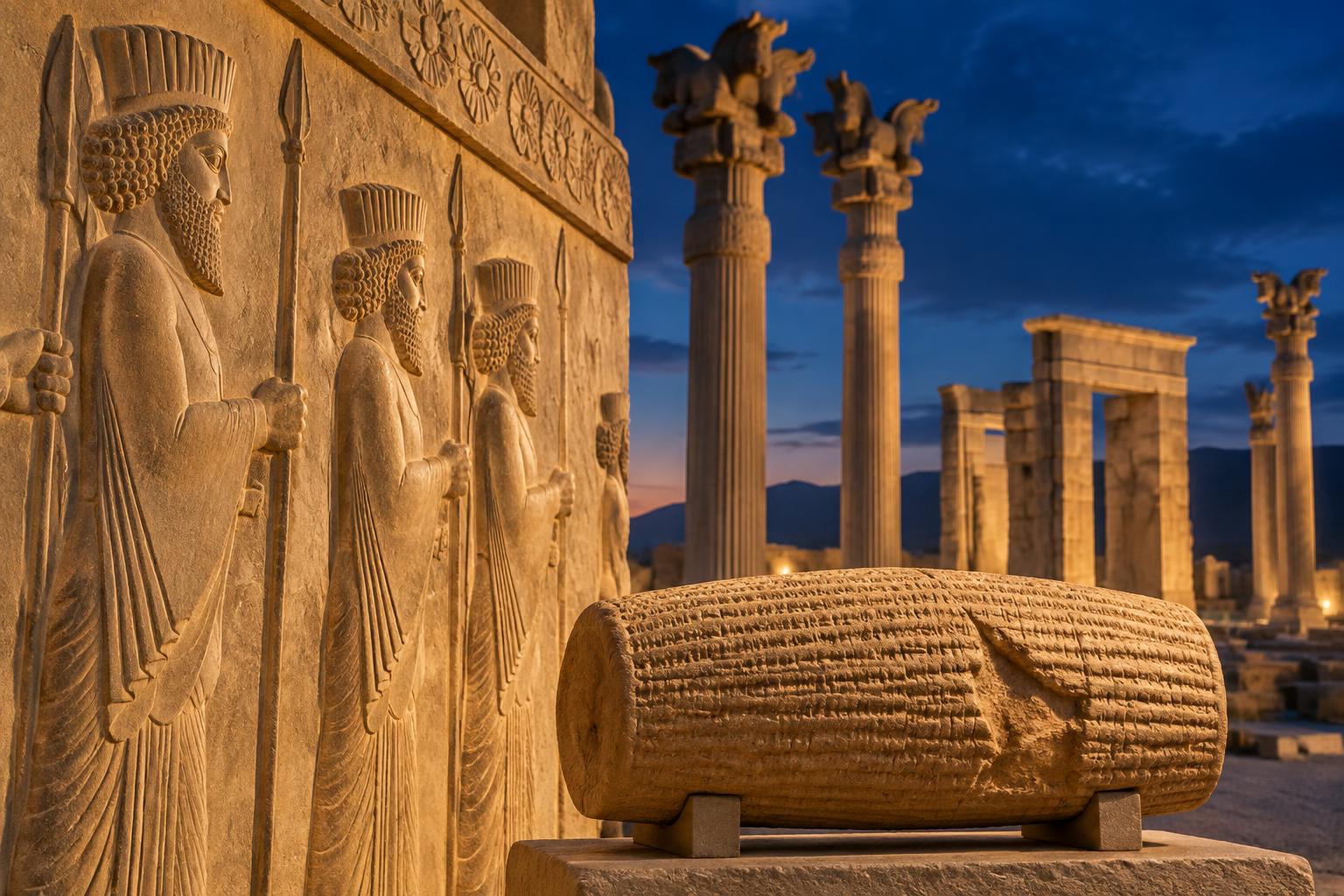 Ancient Achaemenid Persian stone reliefs and columns at dusk with a cylinder inscription in the foreground