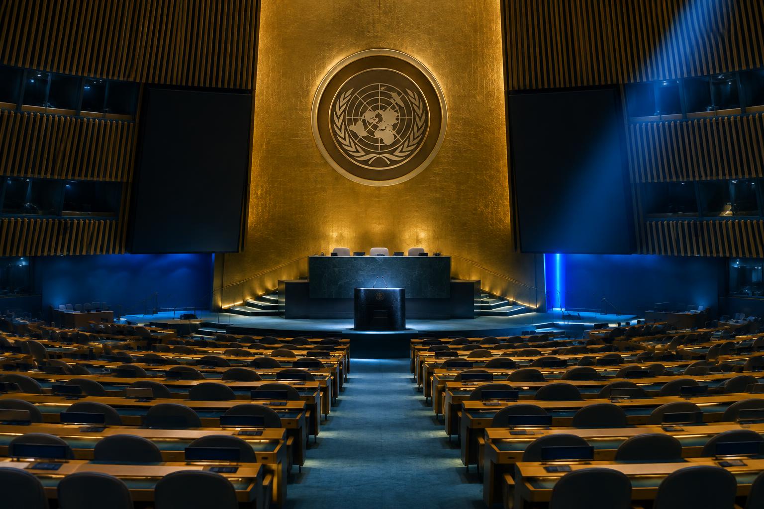 Illustration of an empty UN General Assembly hall with a single podium in blue and gold light