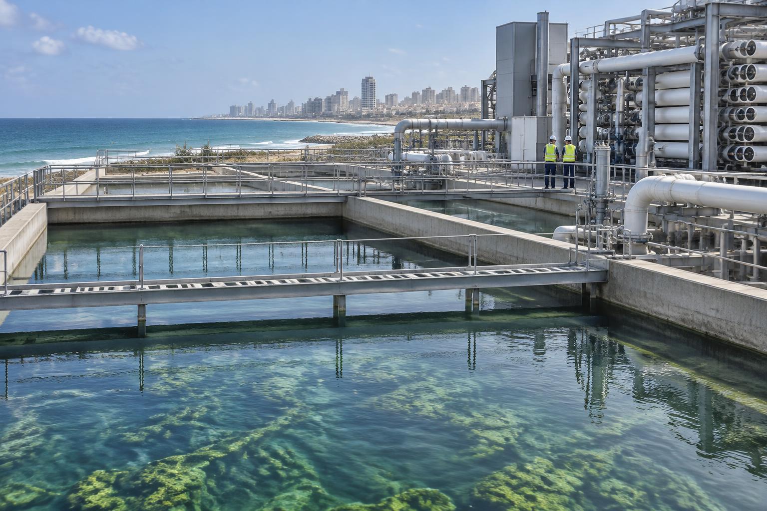AI-generated editorial illustration of a coastal Israeli desalination facility with algae visible in a treatment basin.