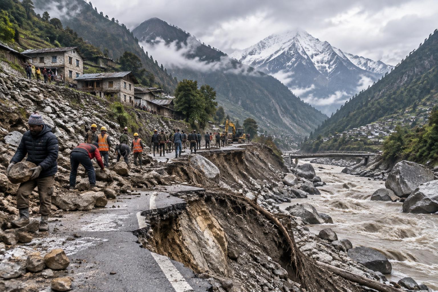AI-generated editorial illustration of residents and aid workers repairing a flood-damaged road in the Himalayas.