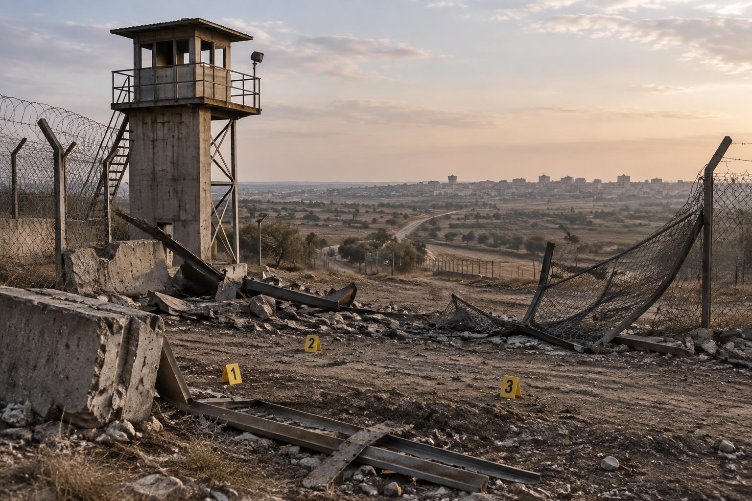 AI-generated editorial illustration of a damaged observation outpost and perimeter near the Gaza border at dawn.