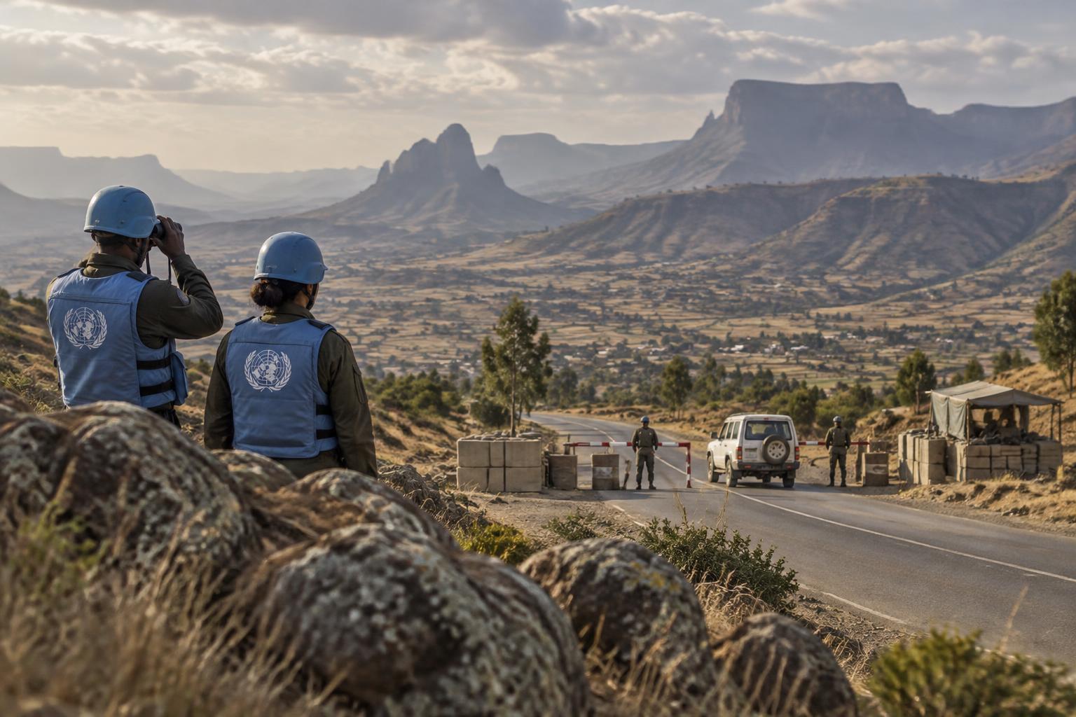 AI-generated editorial illustration of peace monitors overlooking a checkpoint in the northern Ethiopian highlands.