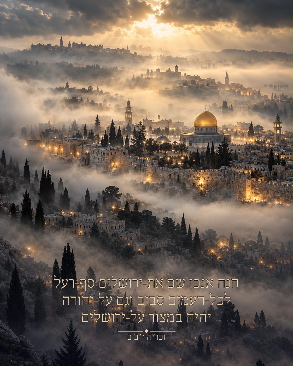 ירושלים עם כיפת הסלע בערפל הבוקר, עם פסוק זכריה יב, ב.